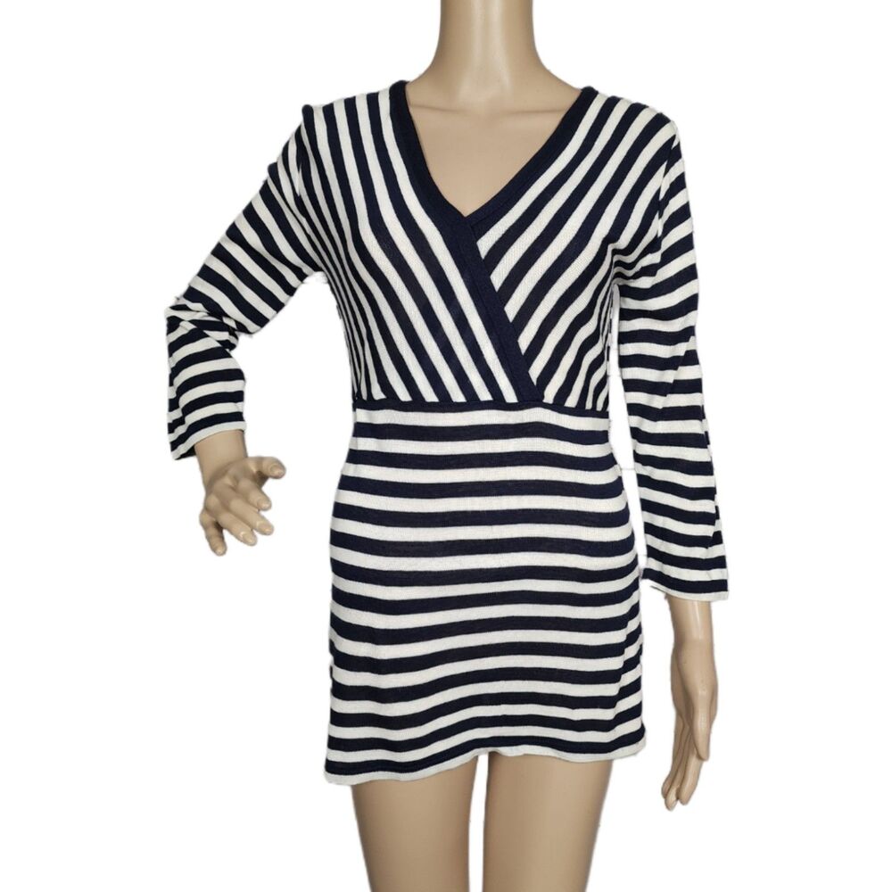 Vintage 90s Knit Avenue Striped Tunic Top Navy Blue White Large NWOT Made in USA